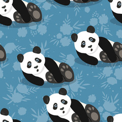 Seamless pattern with cute panda baby on color background. Funny asian animals. Card, postcards for kids. Flat vector illustration for fabric, textile, wallpaper, poster, gift wrapping paper