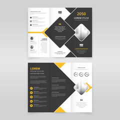 Clean and elegant trifold brochure template with yellow and black colored square shapes, trifold flyer layout, pamphlet, leaflet