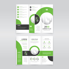 Modern trifold brochure template with lime green and black color stripes and circles, trifold flyer layout, pamphlet, leaflet