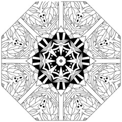 Hand drawn zentangle circular ornament for coloring page.