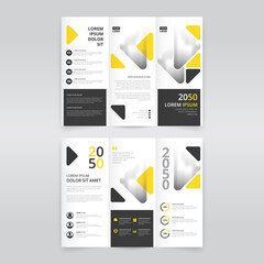 Minimal and modern trifold brochure template with yellow and black triangles, trifold flyer layout, pamphlet, leaflet