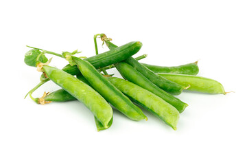 Green pods of young peas on a white background.