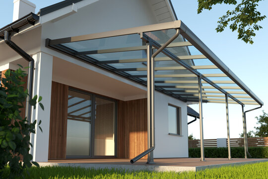 Terrace canopy, clear glass roof, 3d illustration
