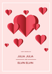 Wedding day concept 3d paper. Vector illustration. Red heart.