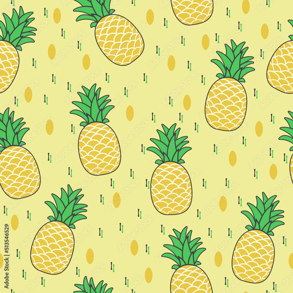 Poster Bright grocery simple pattern. Pineapples in a stylish vector and seamless pattern. For printing and interior decoration, pillows, notebooks, gift wrapping.