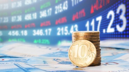 Russian ruble. The rise of the ruble exchange rate. Payment for gas in Russian currency concept