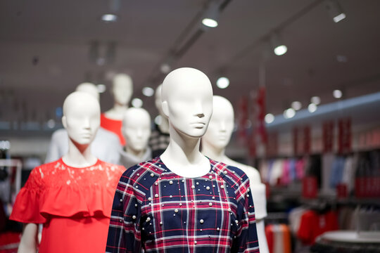 Female mannequins are dressed in casual clothes with a red-orange theme in fashion shop at the department store.