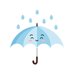 Cute open umbrella with drop rain cartoon character emoji icon. Funny blue smiling parasol mascot emoticon with face. Happy umbrellas flat kawaii clip art vector illustration. © Irina