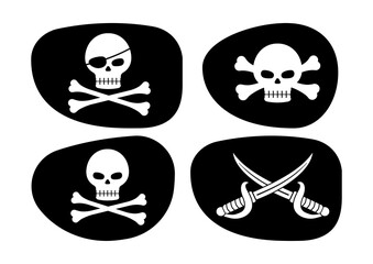 Pirate eye patch and skull with crossbones and cross cutlass vector illustration set. Simple black silhiuette blindfold mask for lost eye with skeleton head and crossbones badge. Corsair symbol.