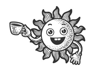 happy good cartoon sun with cup of coffee sketch engraving vector illustration. T-shirt apparel print design. Scratch board imitation. Black and white hand drawn image.