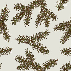 Mysterious forest seamless pattern background design. Engraved style. Hand drawn spruce branch.