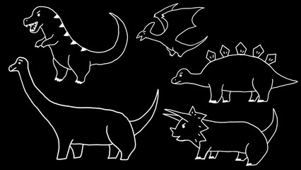手描きの恐竜のイラスト_白線の線画