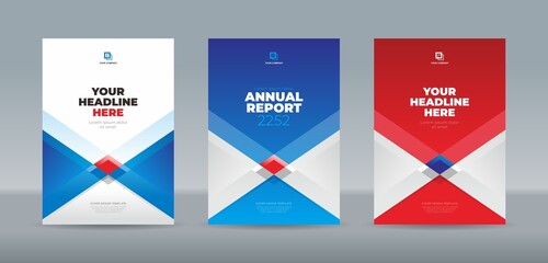 Modern square and triangle shape blue red and white color theme book cover template for annual report, magazine, booklet, proposal, portofolio, brochure, poster, company profile