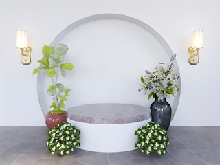 Podium mockup display for product presentation decorated with flower and plant
