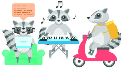 Set Abstract Collection Flat Cartoon Different Animal Raccons Food Delivery On A Moped, Plays The Synthesizer, Programmer Typing Code On Laptop Vector Design Style Elements Fauna Wildlife