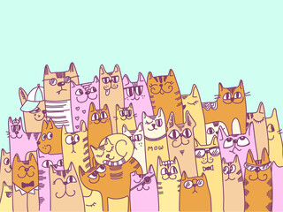 Cats background vector colors illustration. Cute cartoon cats vector doodle hand drawn background