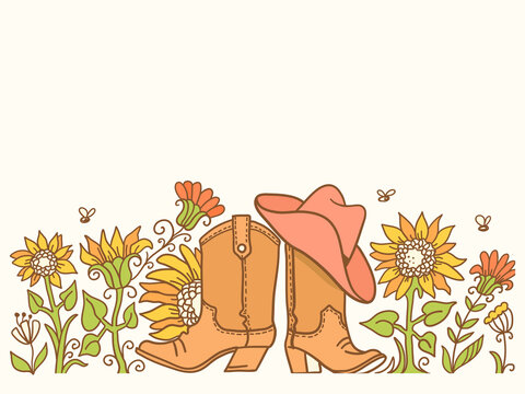 Cowboy boots and cowboy hat vector vintage background for text. Country vector illustration with sunflowers decor on vintage old background