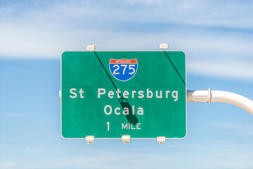 Tampa, Florida area with road street interstate highway green sign for i275 south to St Petersburg...