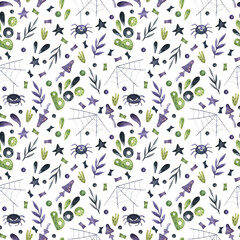 Watercolor seamless pattern on a Halloween theme. Bright background. Hand drawn ornament with spiders, cobwebs, leaves, stars and confetti for wrapping paper, fabrics, designs, decorations and more.