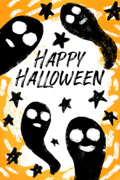 Digital illustration on the theme of Halloween. An image with ghosts and stars on an orange background for postcards, design, posters, typography, templates and more.