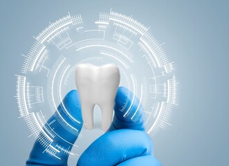 The dentist looks at the tooth. Concept for innovative technologies, medicine of the future, tooth snapshot.