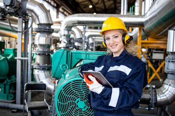 Female factory worker holding tablet computer and standing in heating plant factory.