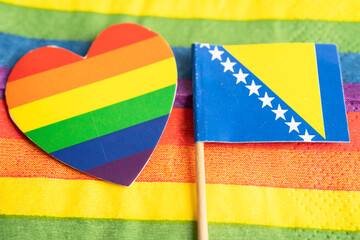 Bosnia and Herzegovina flag on rainbow background symbol of LGBT gay pride month  social movement...