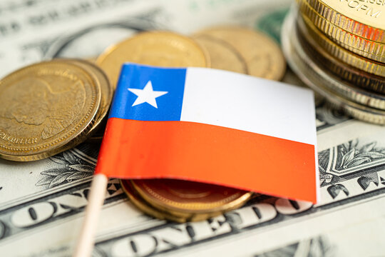 Stack of coins money with Chile flag, finance banking concept.