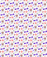 Gift bow seamless pattern. Cute cartoon abstract composition with dots, black contour, bright neon pink, blue color palette. Transparent background. Vector