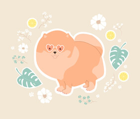 Pomeranian in pink glasses. Cute print with monstera leaves, flowers and lemons. Vector illustration for children.