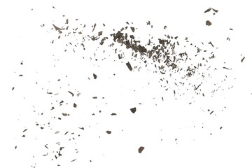  Explosion effect, burned, charred paper scraps, scattered isolated on white texture, top view
