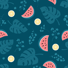 Summer modern seamless vector pattern of monstera leaves, flowers, lemon. For fabric, wallpaper, wrapping paper.