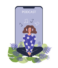 Girl listening podcast. Listening to meditation music. ASMR. Music player and notes. Soundtrack recording on phone.