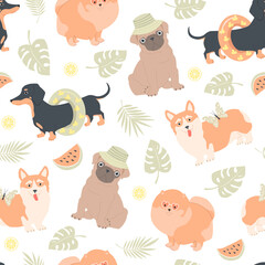 Seamless pattern with dogs. Summer funny illustration for kids. Dachshund, pomeranian, pug and corgi on summer vacation. For fabric, wallpaper, wrapping paper.