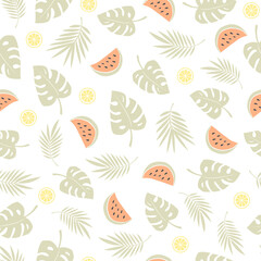 Summer modern seamless vector pattern of palm leaves, monstera, watermelons, lemons. For fabric, wallpaper, wrapping paper.
