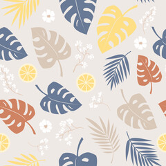 Summer modern seamless vector pattern of palm leaves, monstera, flowers, lemon. For fabric, wallpaper, wrapping paper.