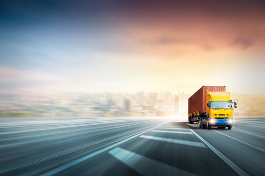 Transportation and logistics concept, Speed delivery of Container truck on highway at sunset sky with copy space, Global Business logistics import export and cargo truck transport industry background
