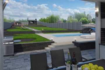 Views across outdoor living area, terrace outlook 3D rendering