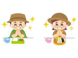 お弁当を食べる探検隊の子供　ボーイスカウト　冒険　アウトドア