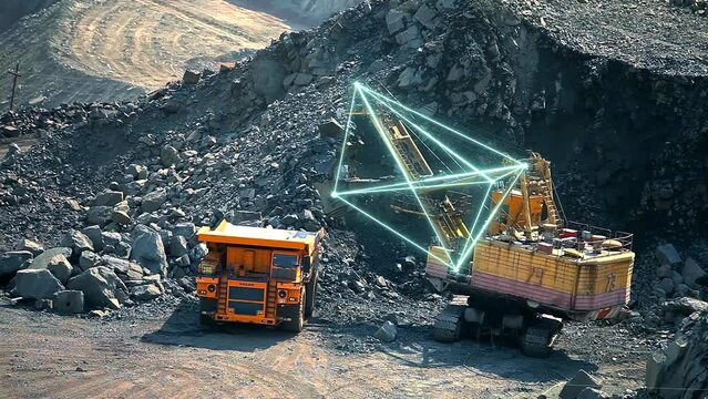 An excavator in a quarry loads soil into a dump truck. The concept of the work of a dump truck in the extraction of iron ore. Modern ex-author with graphic elements