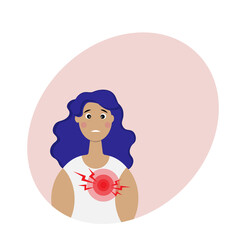 Obraz premium The woman's chest hurts. The topic of breast cancer.