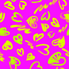 Hand drawn texture. Hearts, brush strokes, seamless pattern made with ink.