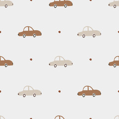 Cartoon cars bohemian style. Seamless pattern with transport. Simple background for the design of a children room, textiles. Cute toy vehicle. Doodle machine design in pastel earth tones.