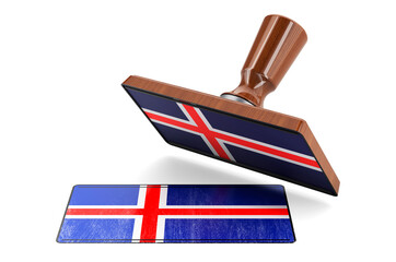 Wooden stamper, seal with Icelandic flag, 3D rendering