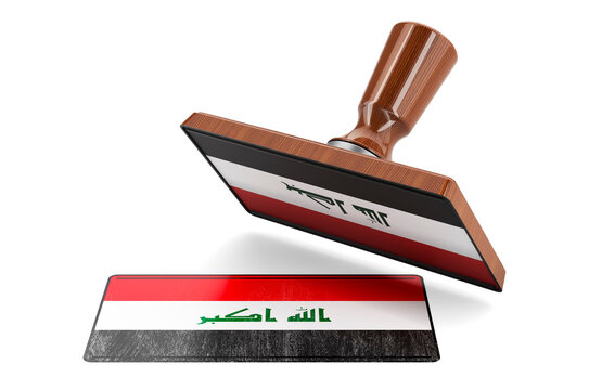 Wooden stamper, seal with Iraqi flag, 3D rendering