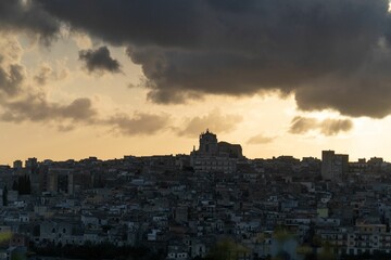 Aerial view of the buildings in Modica, Sicily on the sunset