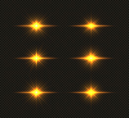 Set of shining golden stars. Light Effect Bright Star, Christmas Star.
