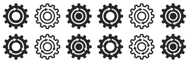 Set of gear wheels icons with arrows. Gear rotation signs. Update icon, arrrow in gear. Automate business operation, workflow process. Agile process, rotation arrows and gears. Vector.