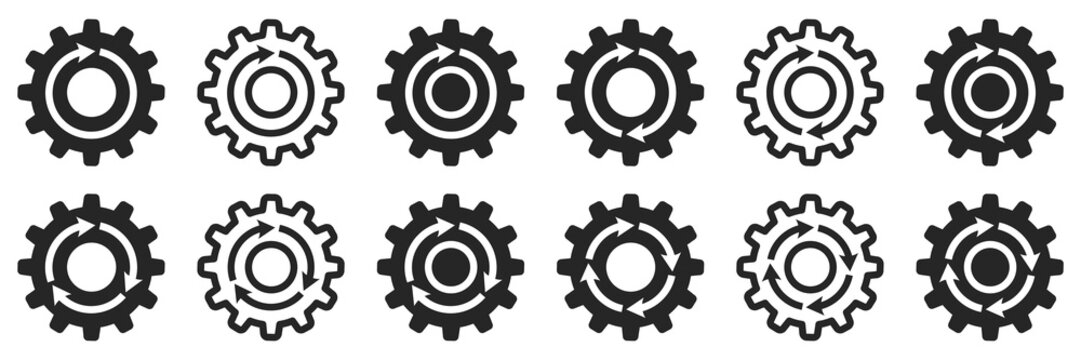 Set Of Gear Wheels Icons With Arrows. Gear Rotation Signs. Update Icon, Arrrow In Gear. Automate Business Operation, Workflow Process. Agile Process, Rotation Arrows And Gears. Vector.