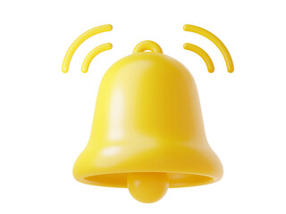 Notification bell icon 3d render - cute cartoon illustration of simple yellow bell for reminder or notice concept.